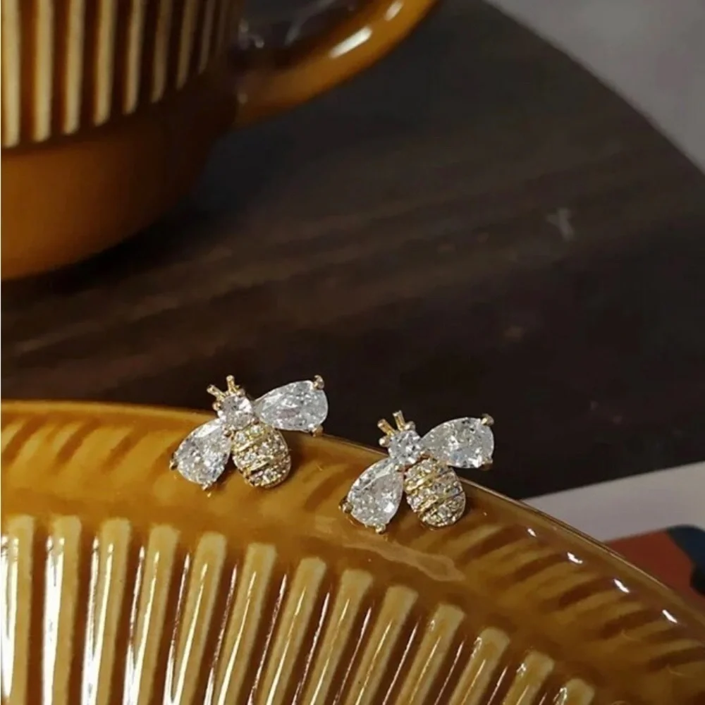 Rhodium and Gold Plated Bee With Natural Embedded Zircon Stud Earrings